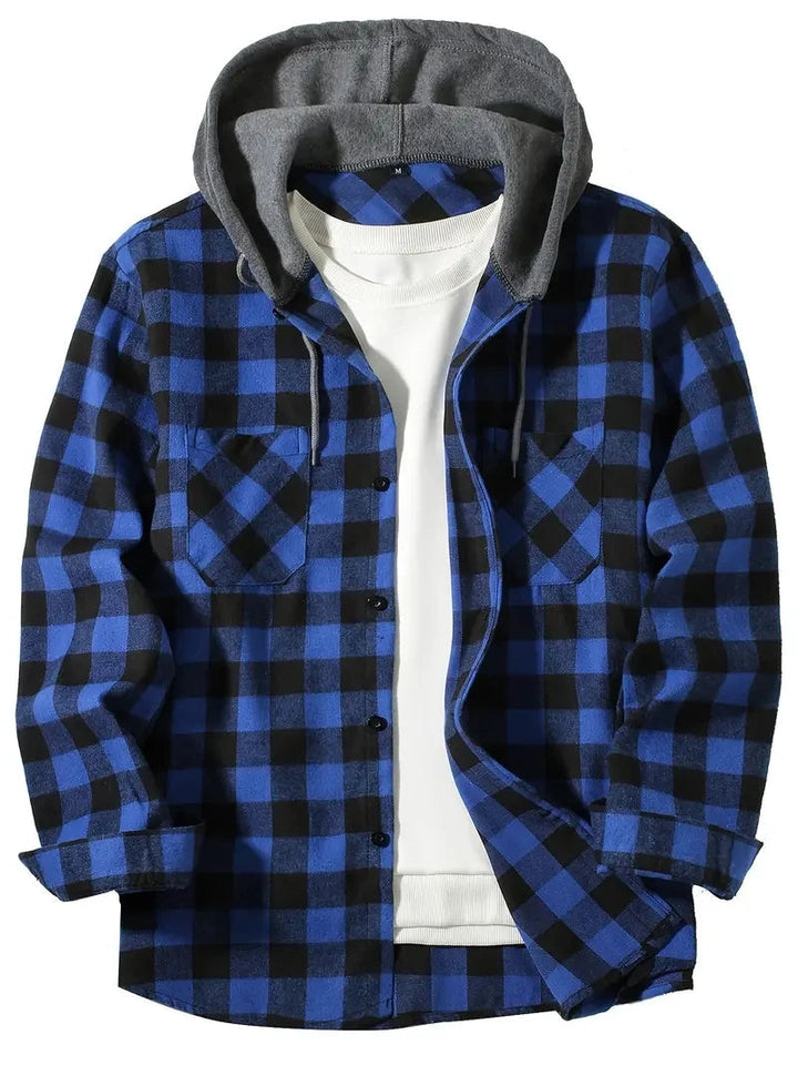 Bodgarel - Plaid Long Sleeve Hooded Button-Up Shirt