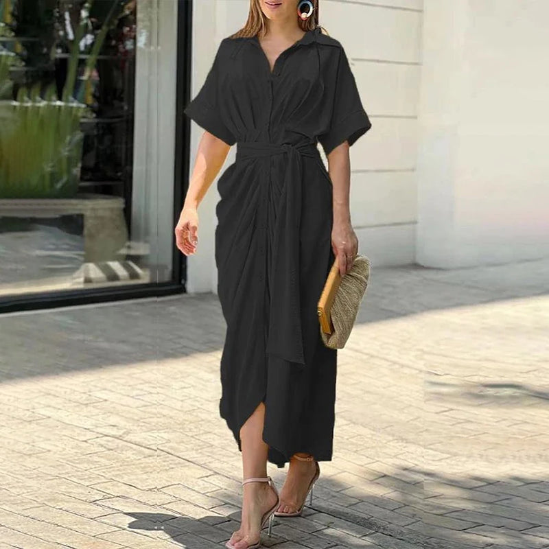 Karima - Short Sleeve Turn-down Collar Long Dress