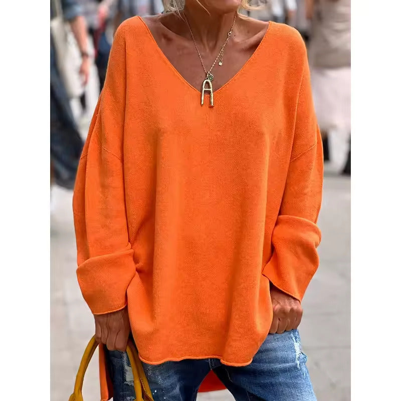 Paola - Elegant Long Sleeve Top With Loose V Neck
