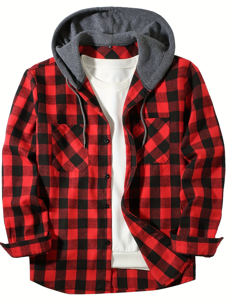 Bodgarel - Plaid Long Sleeve Hooded Button-Up Shirt