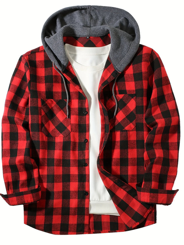 Bodgarel - Plaid Long Sleeve Hooded Button-Up Shirt