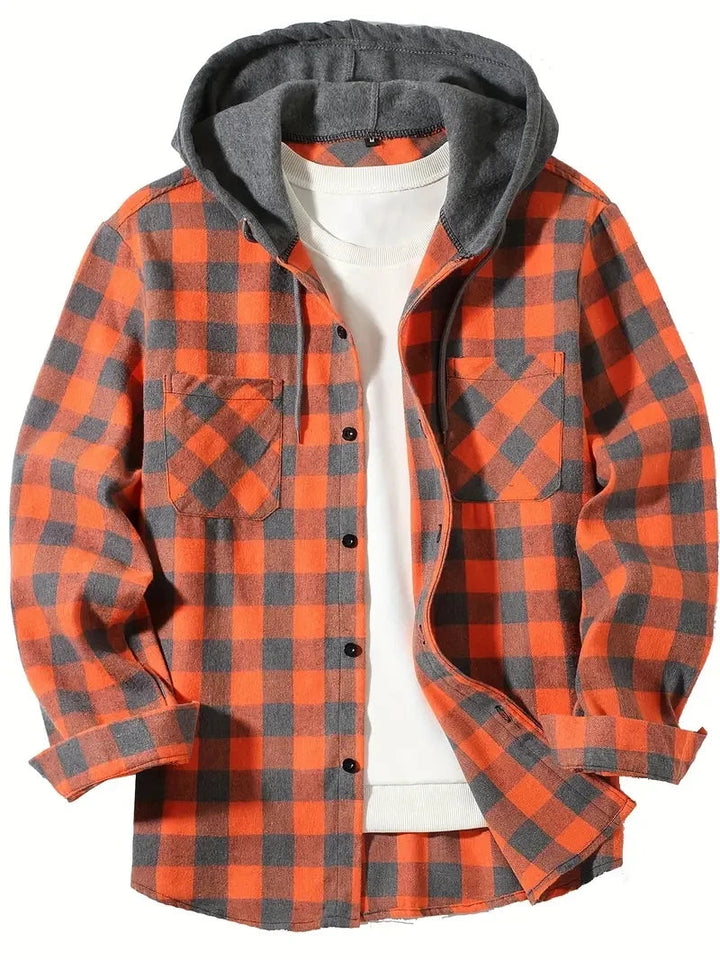 Bodgarel - Plaid Long Sleeve Hooded Button-Up Shirt