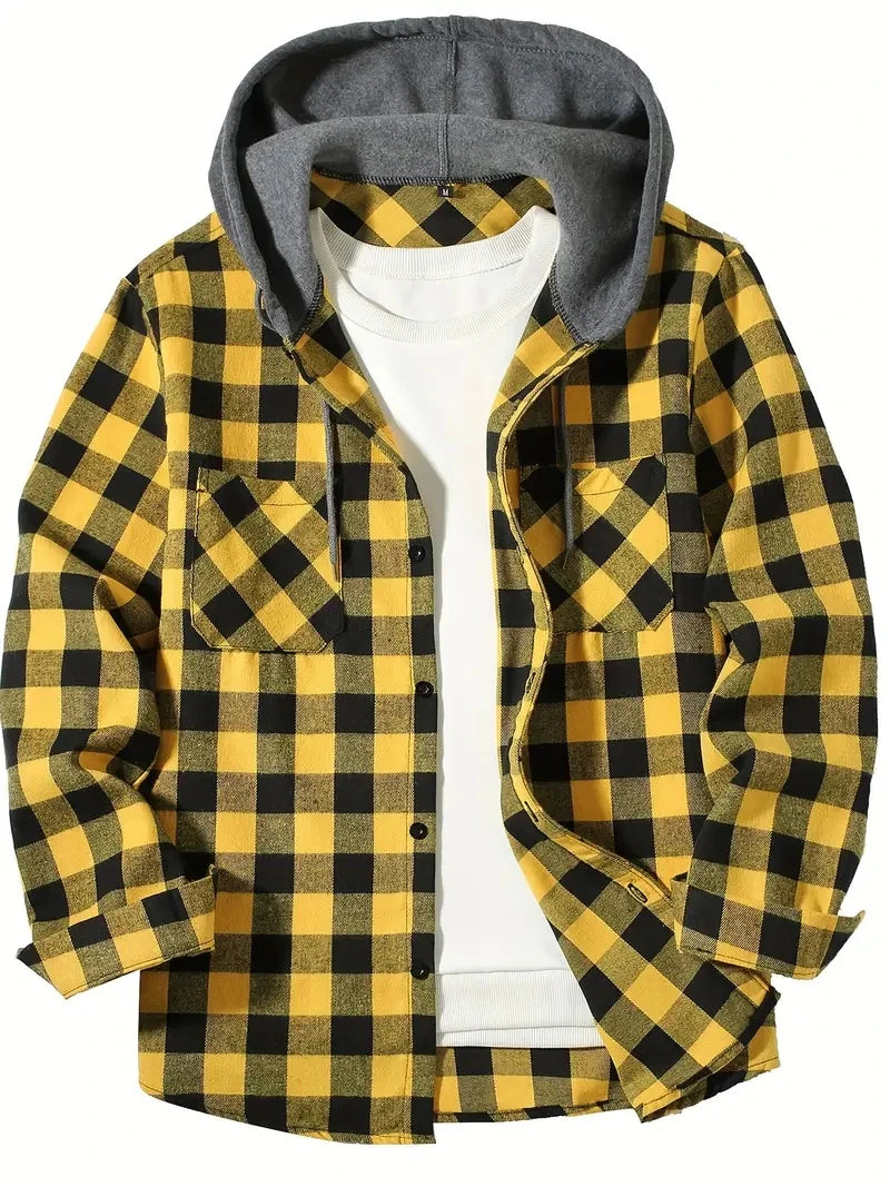 Bodgarel - Plaid Long Sleeve Hooded Button-Up Shirt