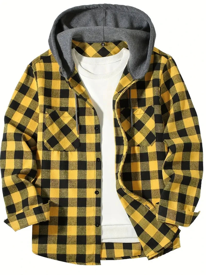 Bodgarel - Plaid Long Sleeve Hooded Button-Up Shirt