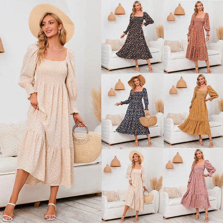Vasilya - Elegant Dress With Flared Sleeves and Floral Pattern