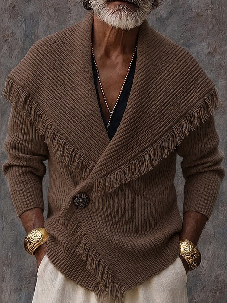 Leonette - Stylish Fringe Trim Shawl Collar Knit Cardigan