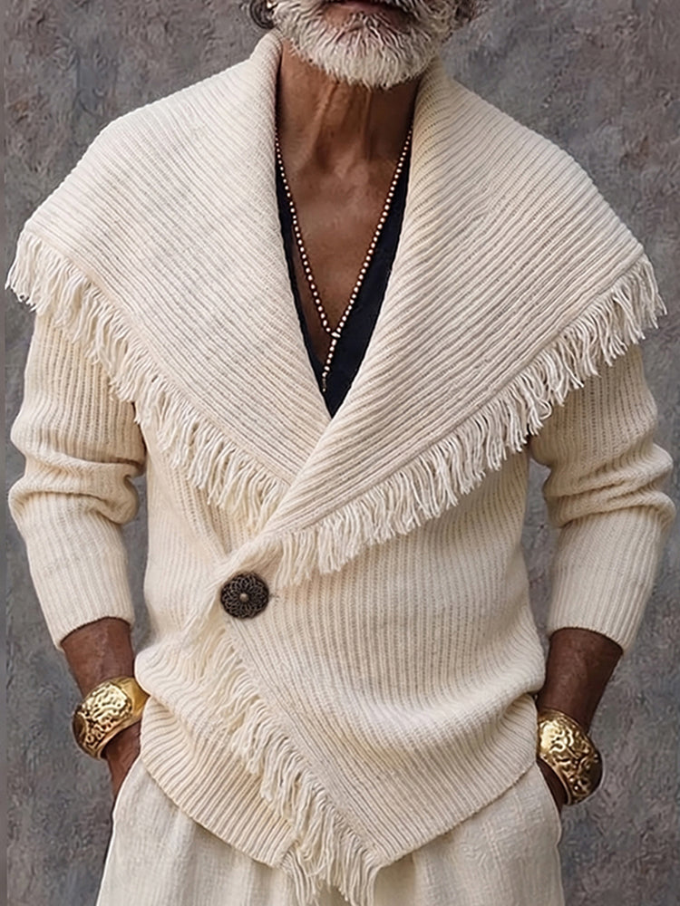 Leonette - Stylish Fringe Trim Shawl Collar Knit Cardigan