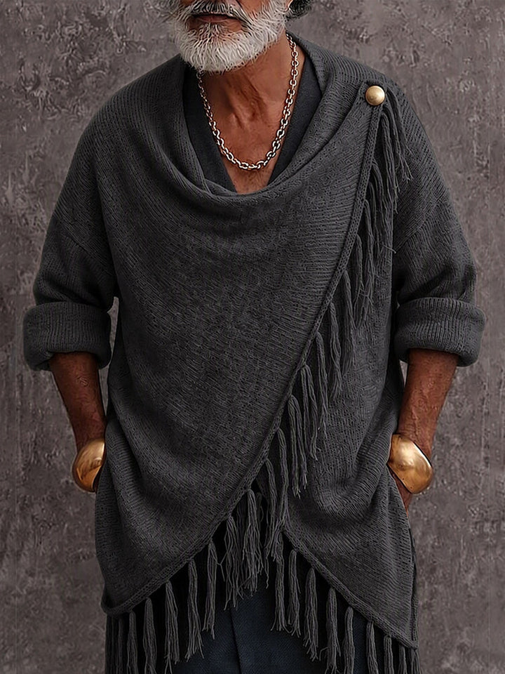 Vespaluva - Casual Fringe Trim Draped Collar Knit Sweater