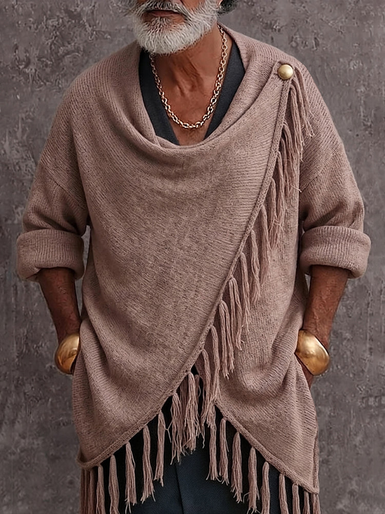 Vespaluva - Casual Fringe Trim Draped Collar Knit Sweater