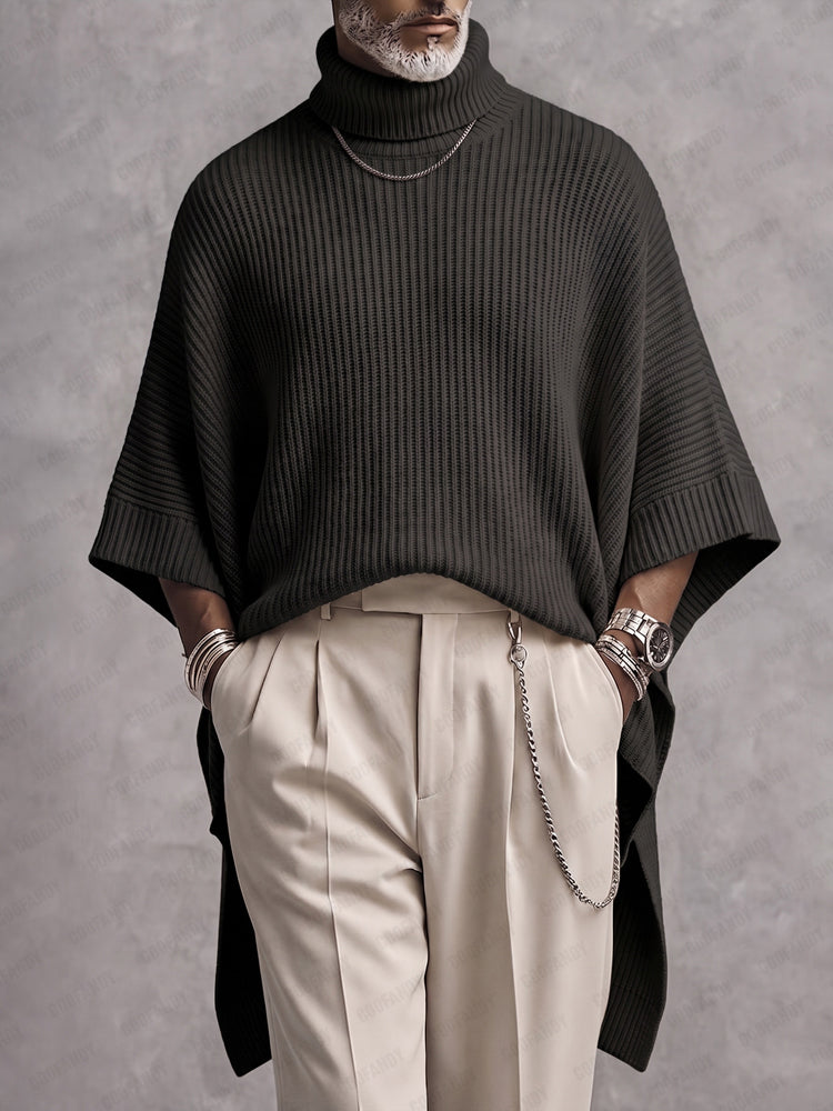Linnisira - Oversized Ribbed Turtleneck Poncho Sweater