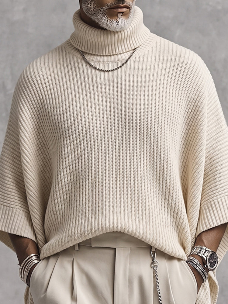 Linnisira - Oversized Ribbed Turtleneck Poncho Sweater
