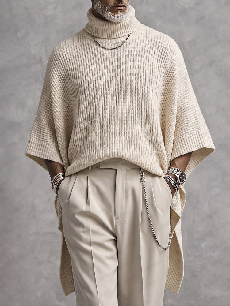 Linnisira - Oversized Ribbed Turtleneck Poncho Sweater
