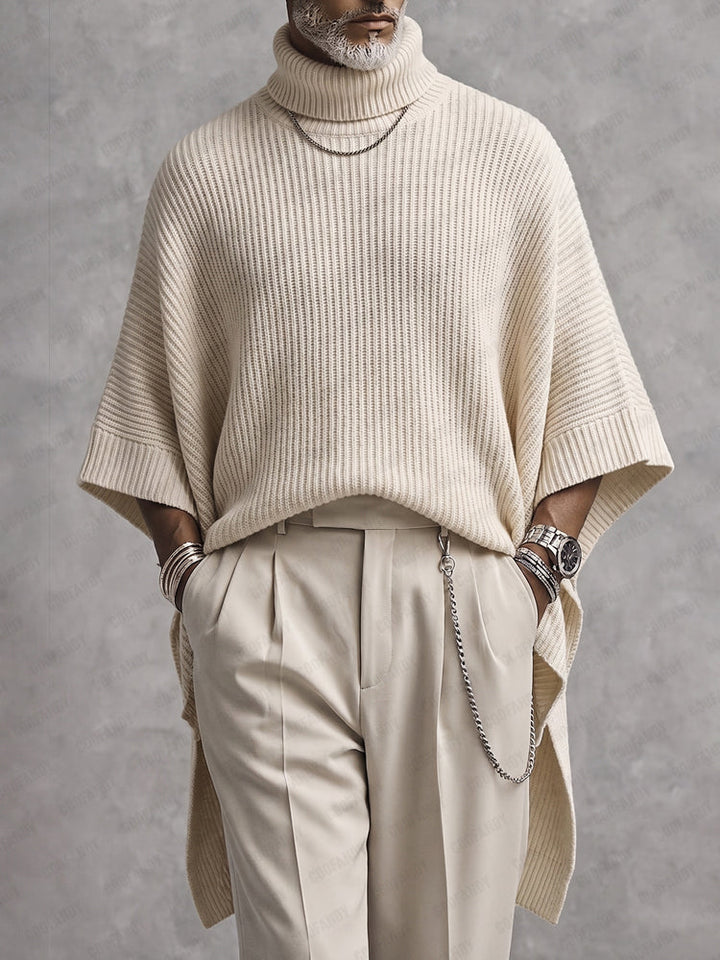 Linnisira - Oversized Ribbed Turtleneck Poncho Sweater
