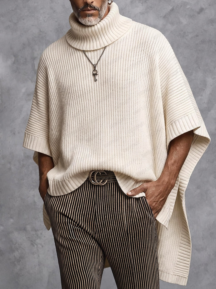 Linnisira - Oversized Ribbed Turtleneck Poncho Sweater