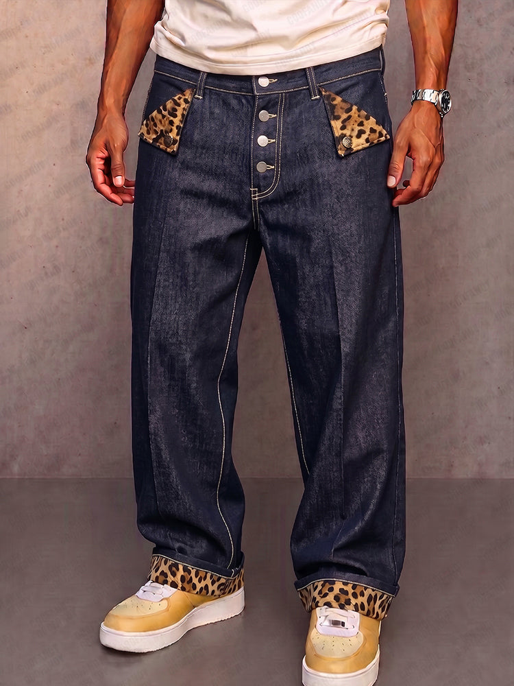 Fayeina - Contrast Panel Faux Denim Pants