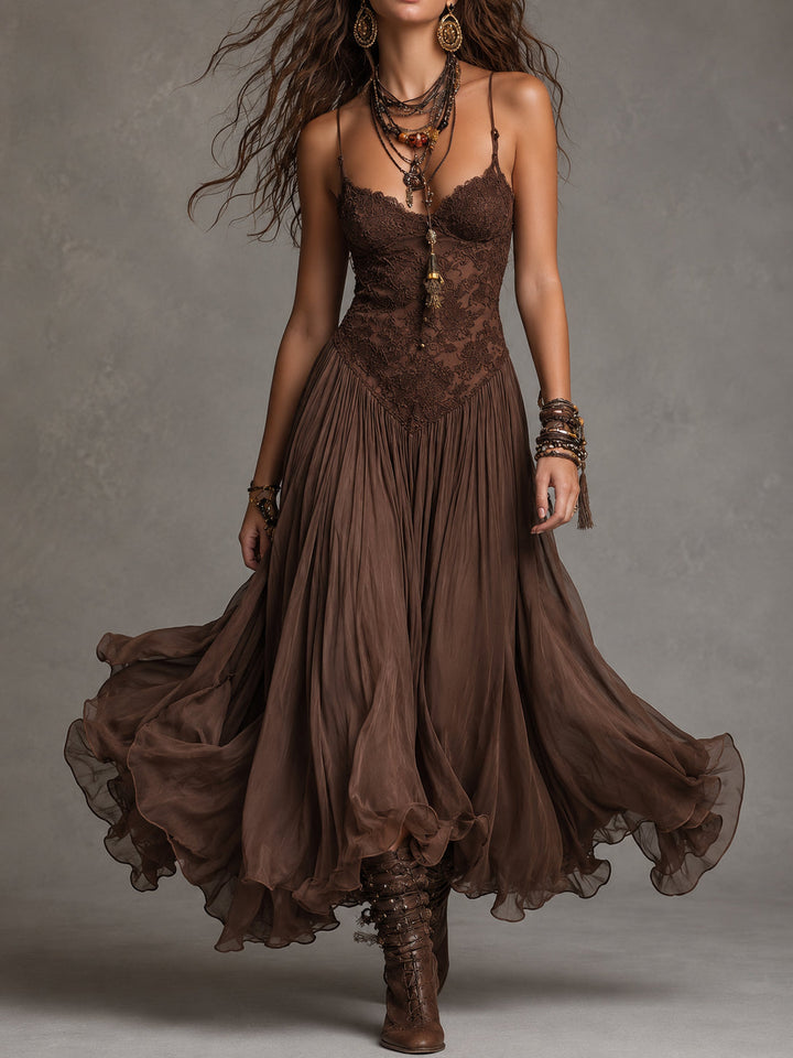 Serisha - Lace Bodice Flowing Maxi Dress