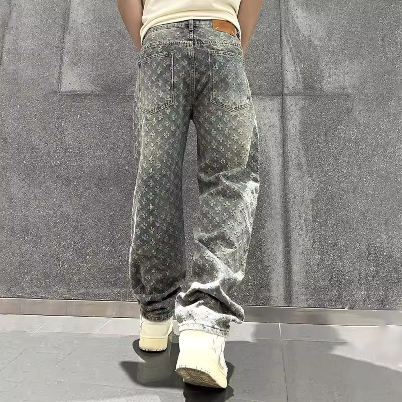Zeydan - Jacquard Wide Leg Denim Pants