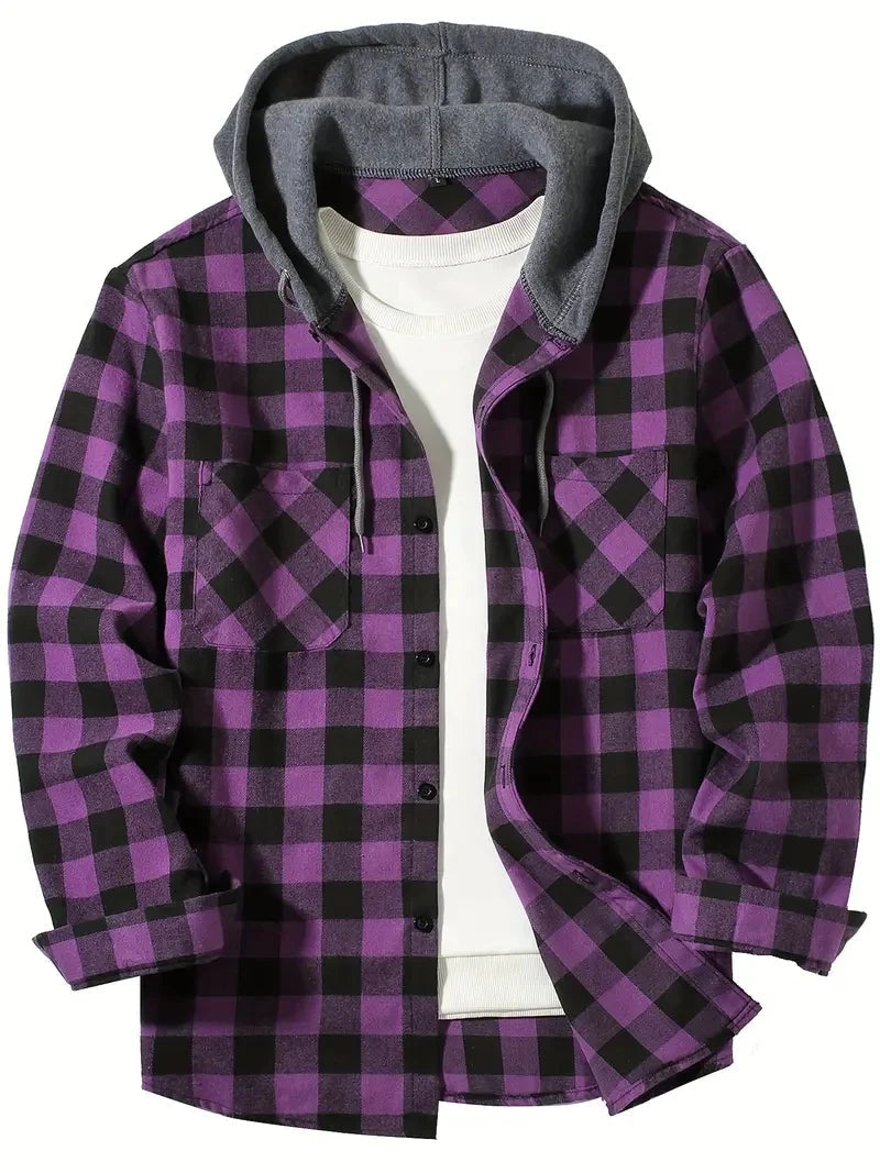Bodgarel - Plaid Long Sleeve Hooded Button-Up Shirt