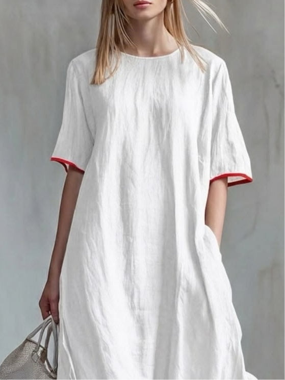 Behice - Long Dress With Short Sleeves and Red Striped Ruffles