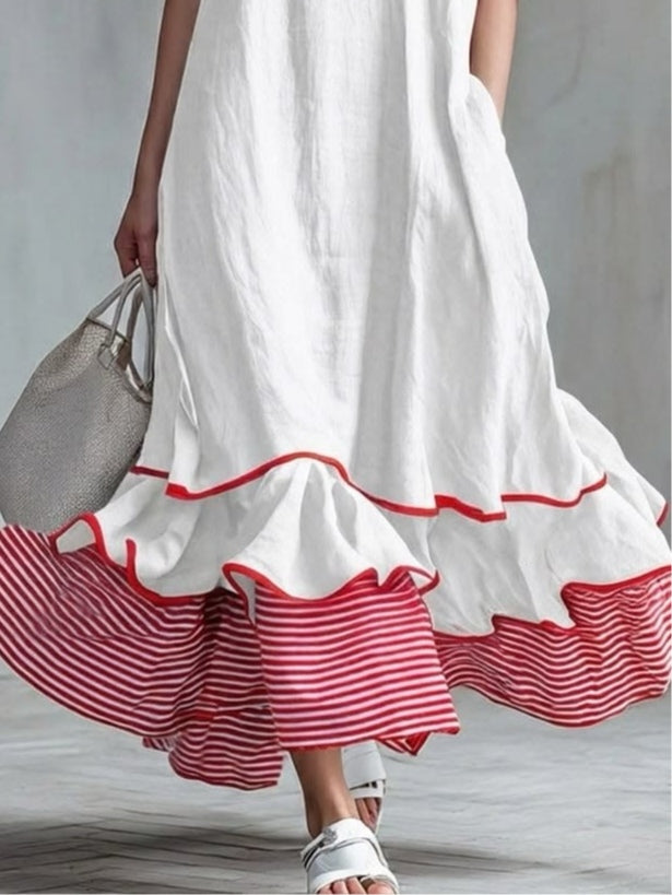 Behice - Long Dress With Short Sleeves and Red Striped Ruffles