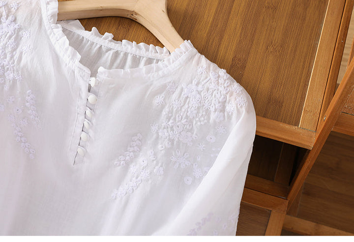 Kissina - Embroidered Cotton Linen Blouse