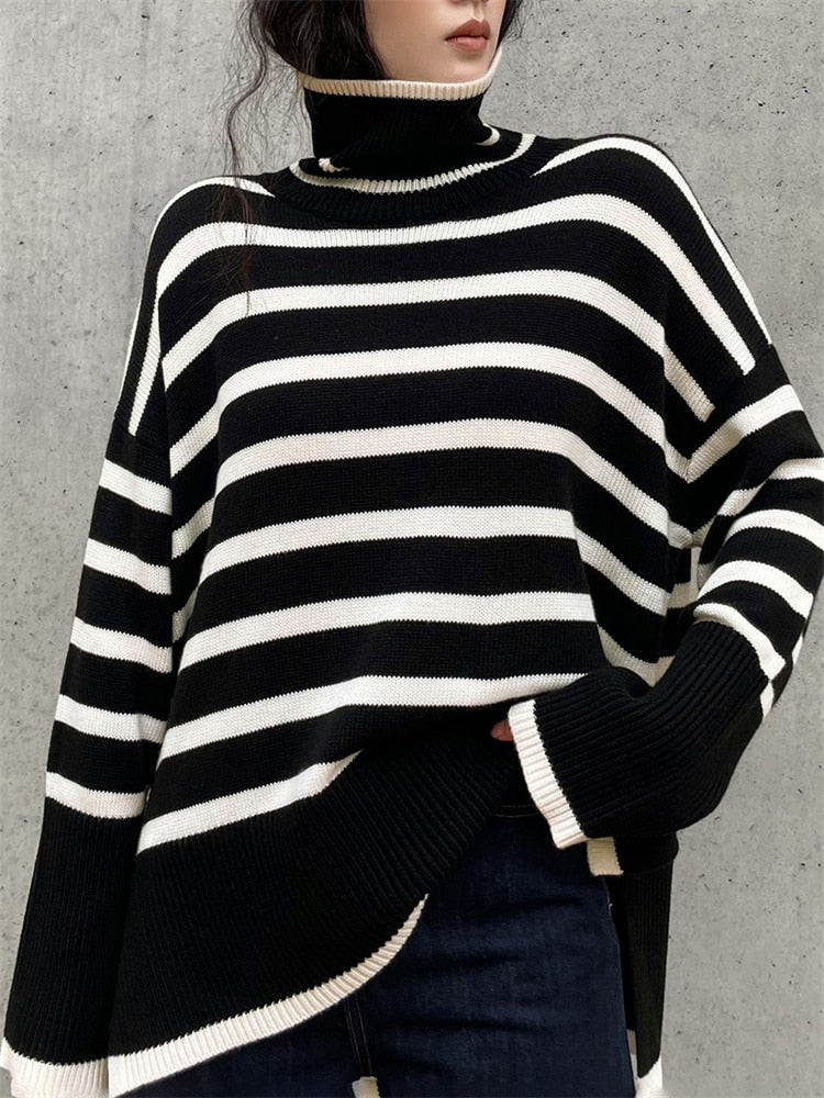 Kynesia - Oversized Striped Turtleneck Sweater