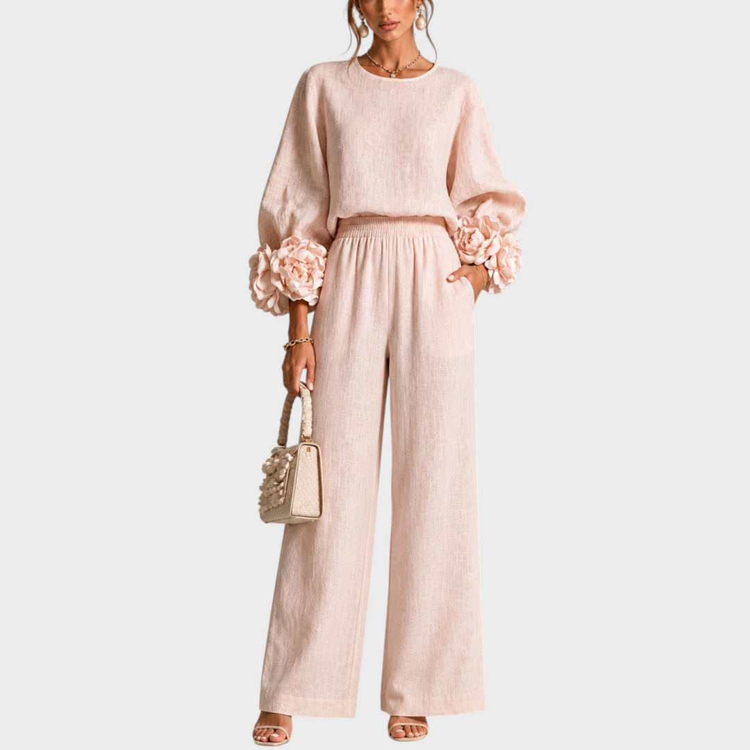 Elisora - Floral Cuff Long Sleeve Wide-Leg Pants Set