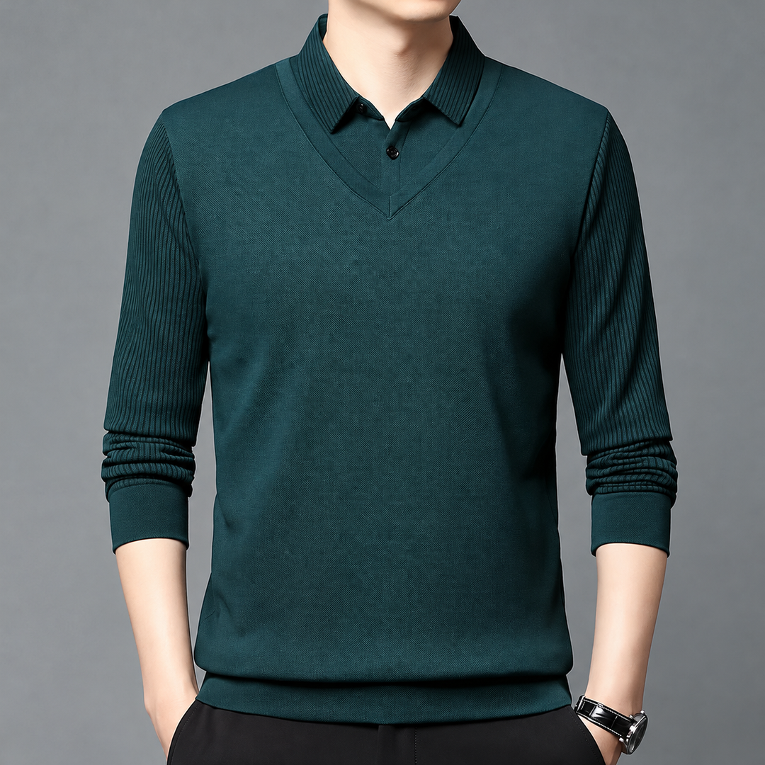 Svevira - Striped Sleeve Sweater With Buttoned Shirt Collar