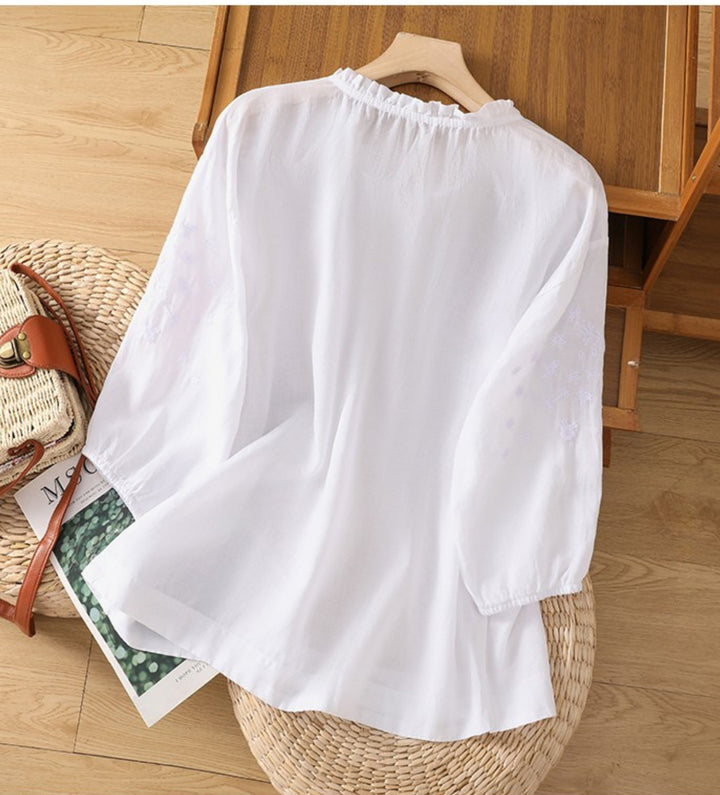 Kissina - Embroidered Cotton Linen Blouse