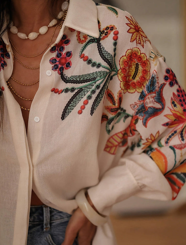 Mariluna - Casual Long Sleeve And Floral Print Shirt