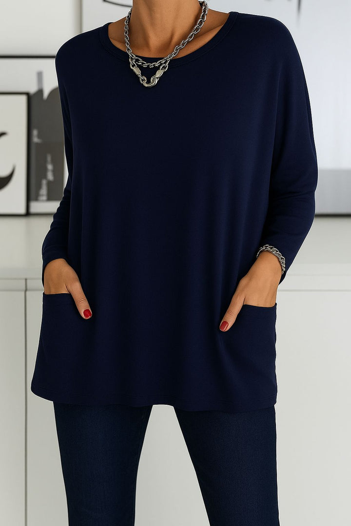 Dorine - Round Neck Tunic Top with Pockets
