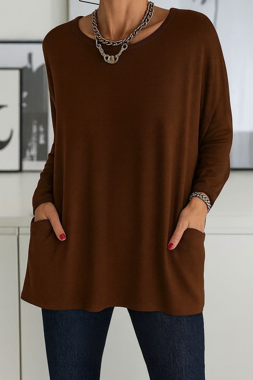 Dorine - Round Neck Tunic Top with Pockets