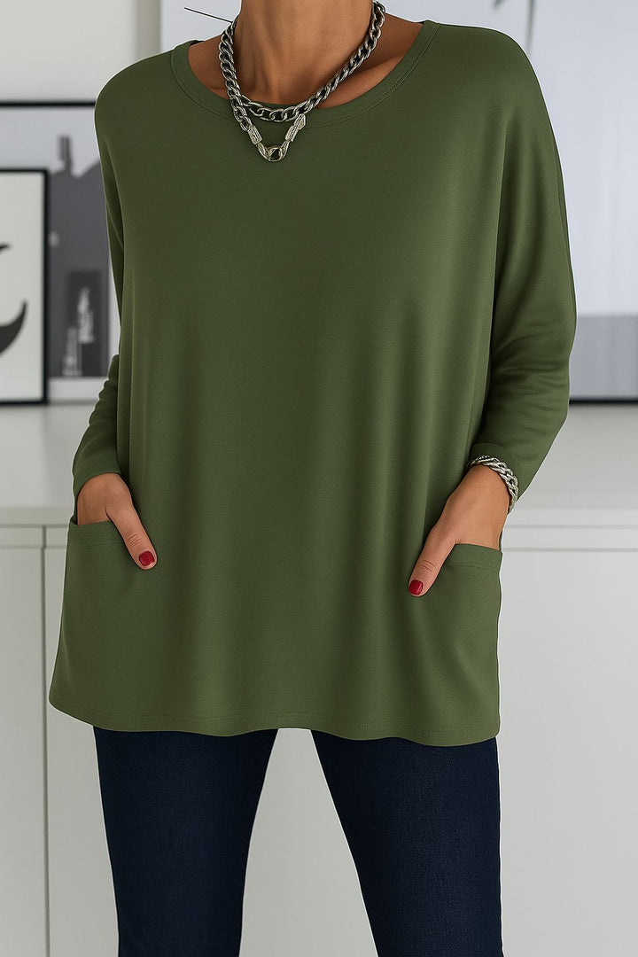 Dorine - Round Neck Tunic Top with Pockets