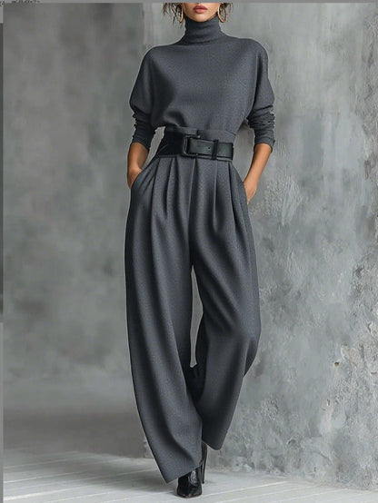 Laurira - Turtleneck Wide Leg Belted Jumpsuit