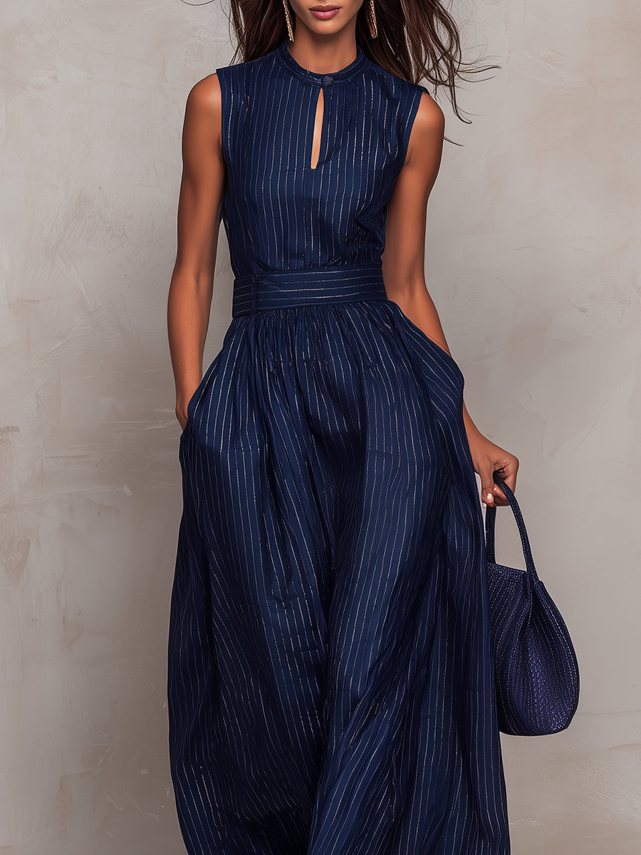 Minnien - Pinstripe Sleeveless Wide Leg Jumpsuit
