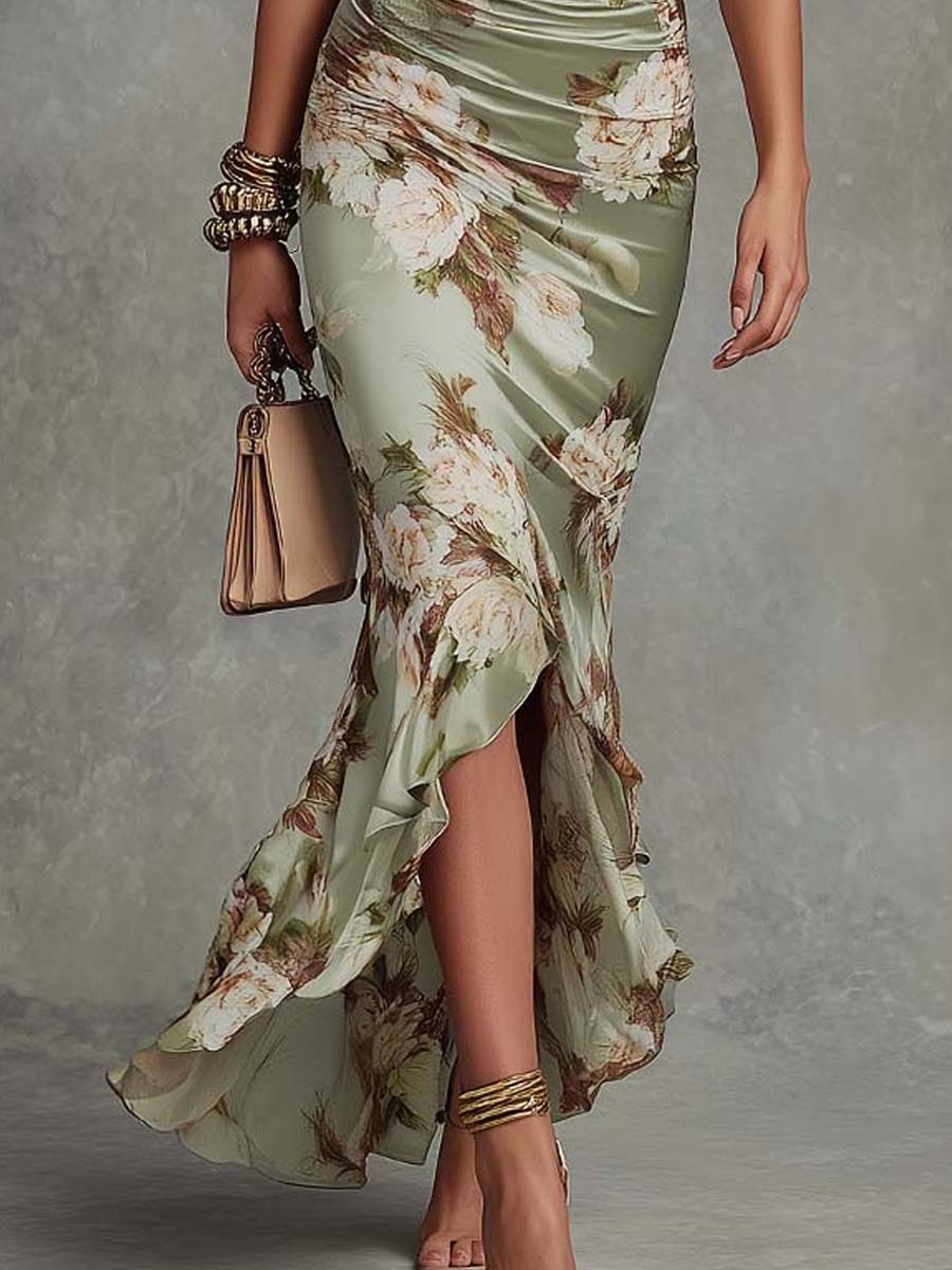 Benitez - Asymmetrical V-Neck Ruffle Hem Maxi Dress