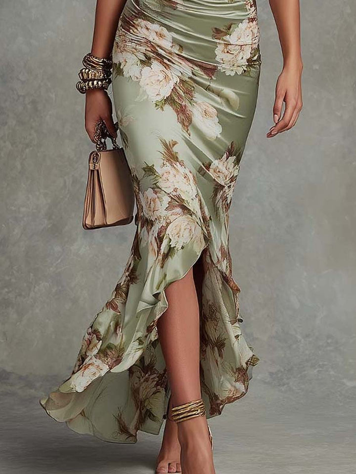 Benitez - Asymmetrical V-Neck Ruffle Hem Maxi Dress