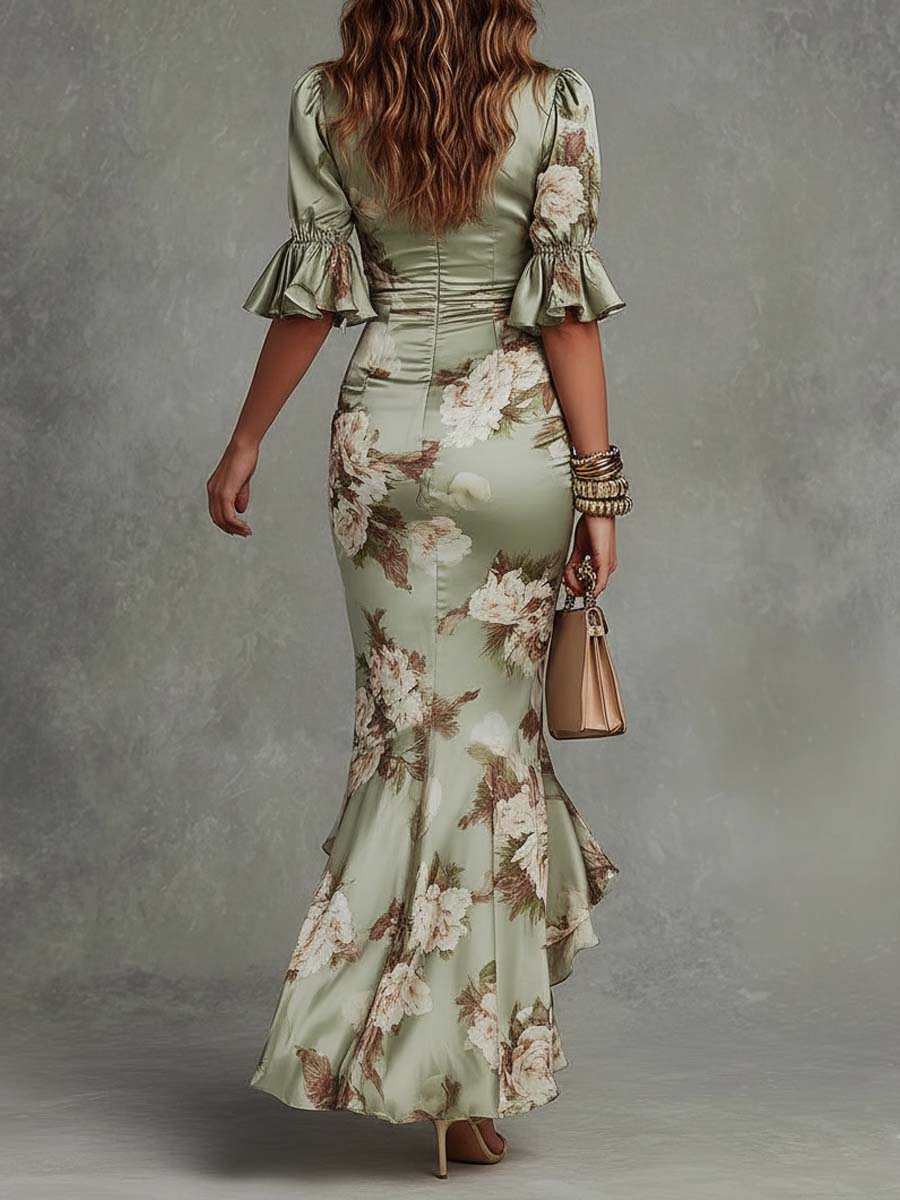 Benitez - Asymmetrical V-Neck Ruffle Hem Maxi Dress