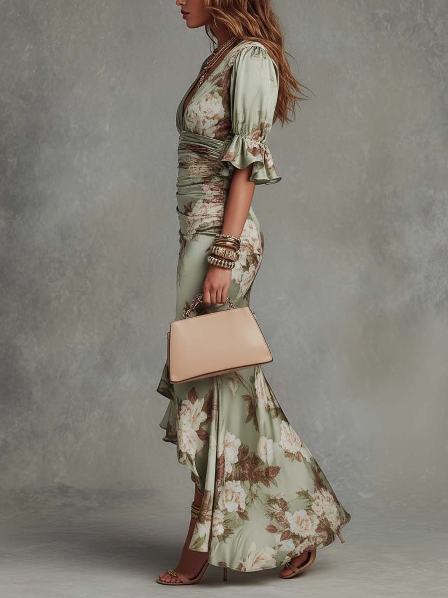 Benitez - Asymmetrical V-Neck Ruffle Hem Maxi Dress