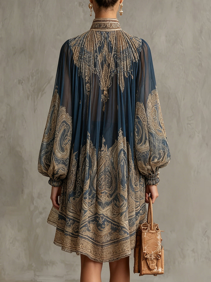 Rhean - Chiffon Mini Dress With Gold Baroque Print
