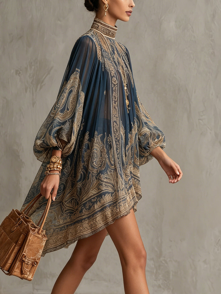 Rhean - Chiffon Mini Dress With Gold Baroque Print