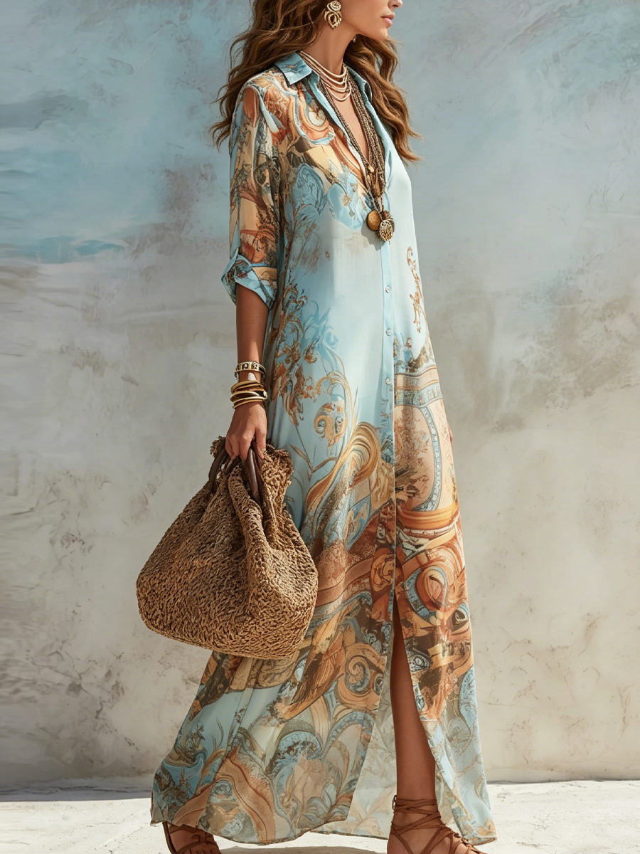 Kristien - Printed Button Front Maxi Shirt Dress