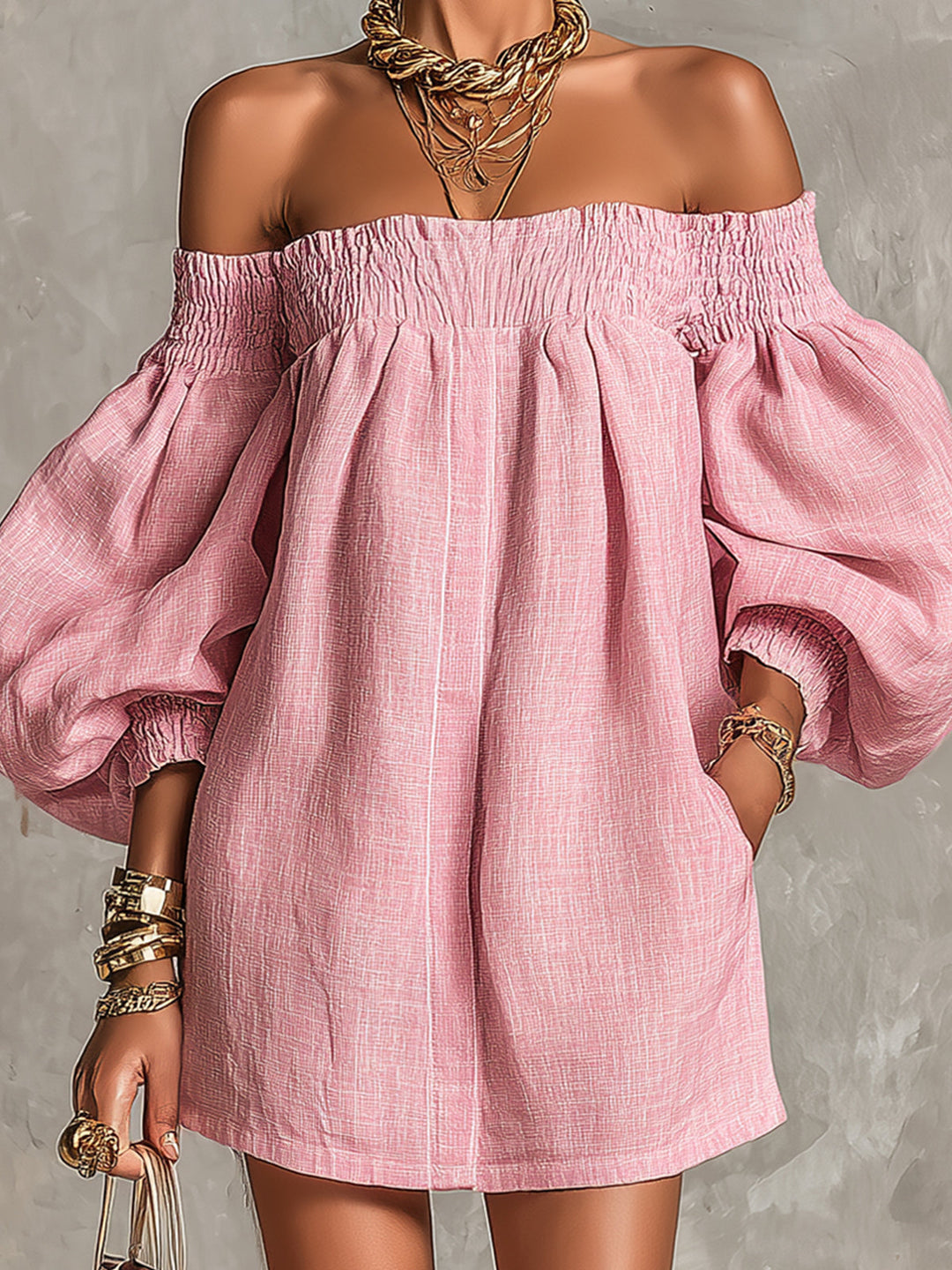 Avelira - Off-Shoulder Lantern Sleeve Mini Dress