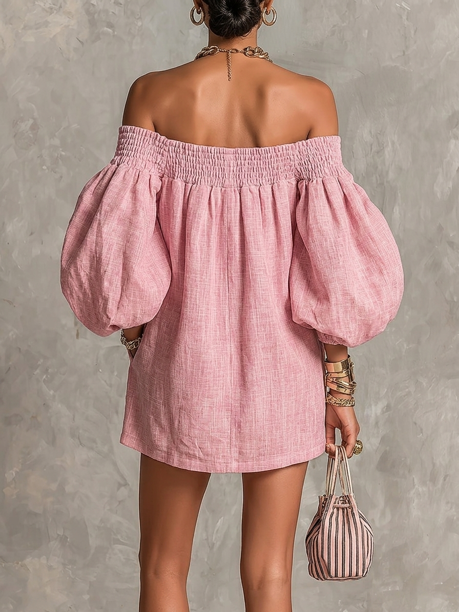Avelira - Off-Shoulder Lantern Sleeve Mini Dress