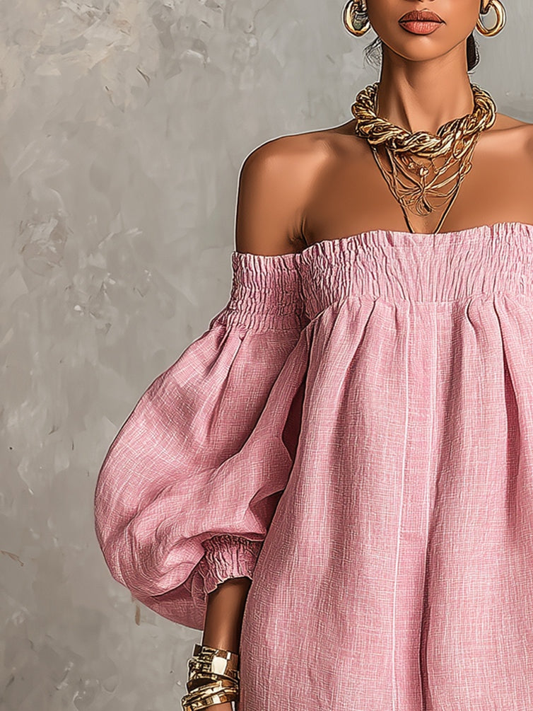 Avelira - Off-Shoulder Lantern Sleeve Mini Dress