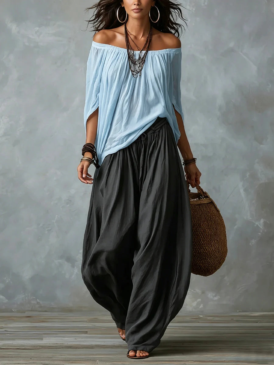 Joryna - Asymmetric Top And Wide Palazzo Pants Set