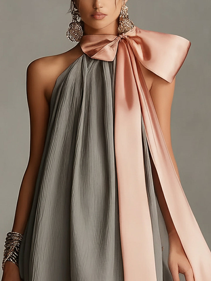 Robin - Satin Mini Dress With a Pink Bow and Lace