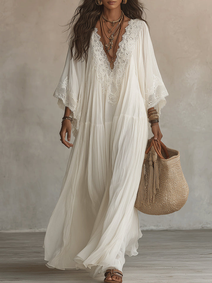 Avelella - Long Ivory Chiffon and Lace Dress