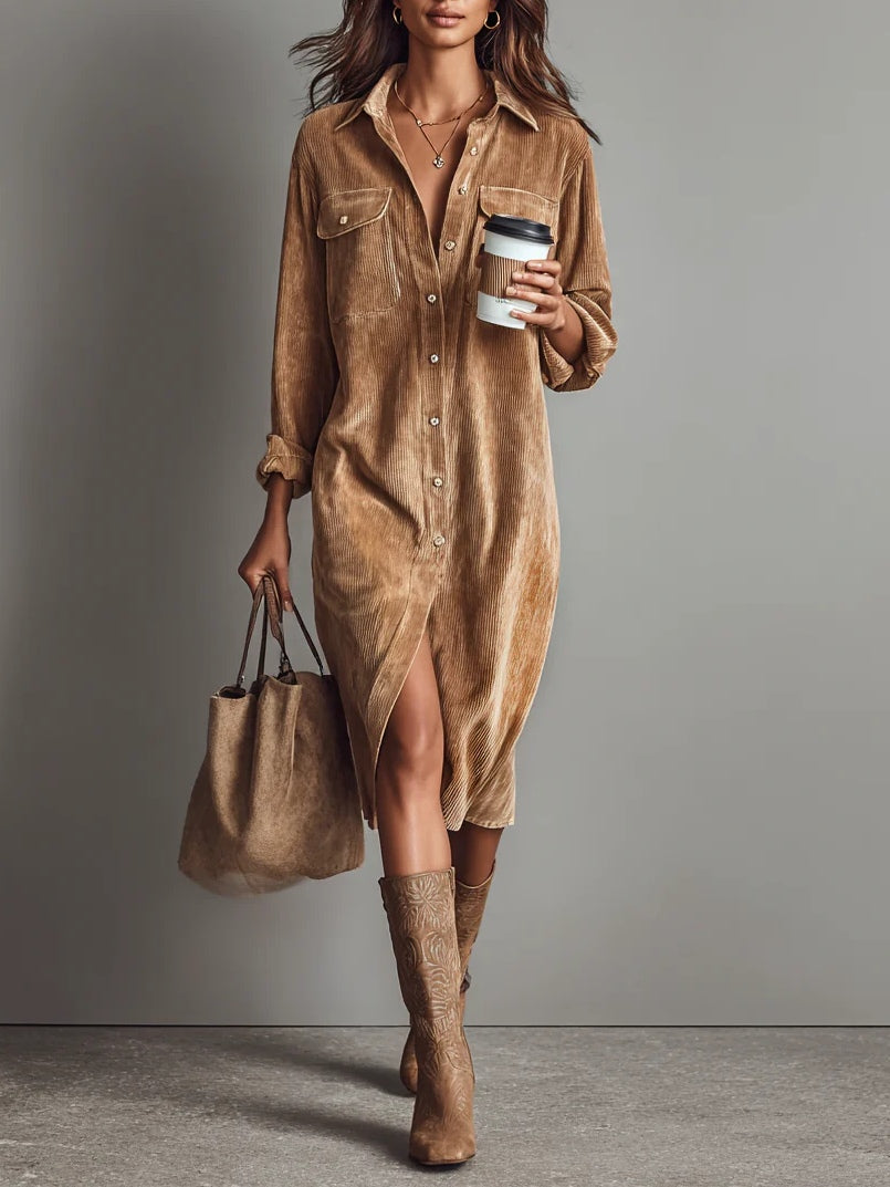 Elyselalina - Shirt Dress With Corduroy Texture and Pockets
