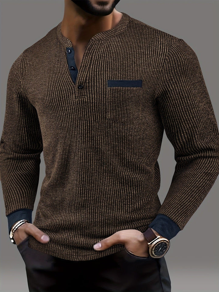 Lorcmir - Textured Striped Collar Long Sleeve Henley Shirt